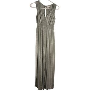 Jopas Women Sage Green Floral Stripe Smocked Waist Wide Leg Jumpsuit XS